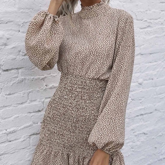 Billowy Beige Mini Dress - Picture 2 of 12